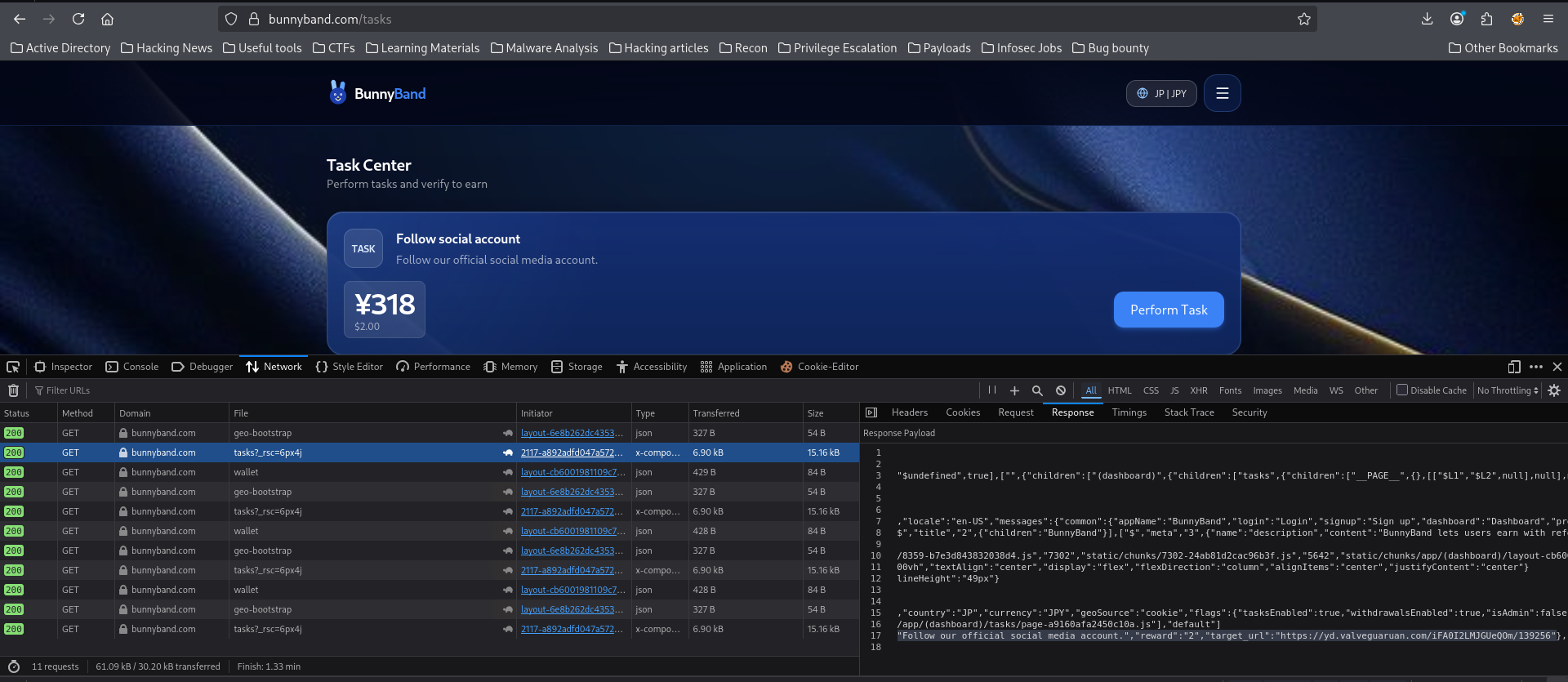 Network tab of developer tool