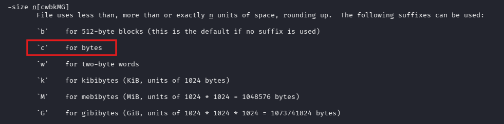 man page for find, size section