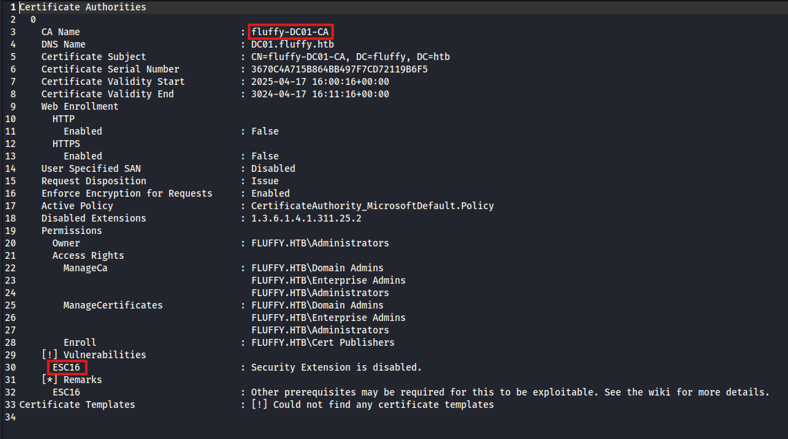 Certipy vulnerability report showing ESC16